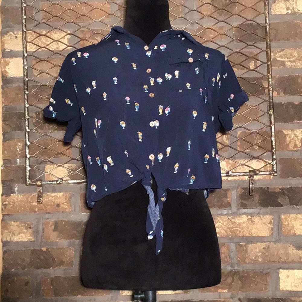 Love Notes button down blouse navy blue ice cream sundae S